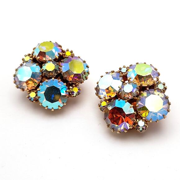 Vintage Aurora Borealis Rhinestone Clip On Earrings 1960s - Picture 1 of 9